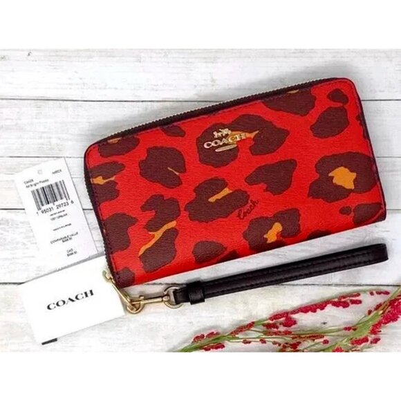 S Coach Long Zip-Around Wallet Red Leopard Wristlet Cheetah C6428 Leopardo - Picture 8 of 10